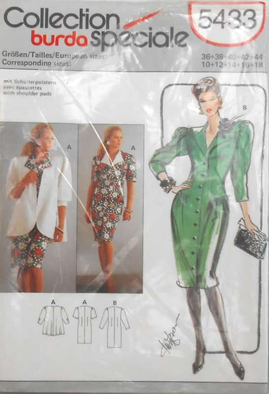 BURDA 5433 FRONT BUTTON DRESS-JACKET SIZES 10-18 COMPLETE-UNCUT-F/FOLDED