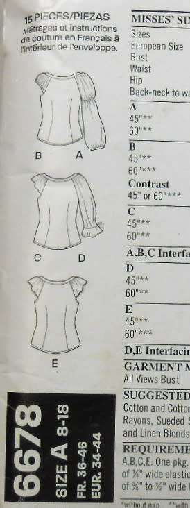 NEW LOOK PATTERNS 6678 SET OF FRONT BUTTON TOPS SIZE 8-18-COMPLETE-CUT TO SIZE 18