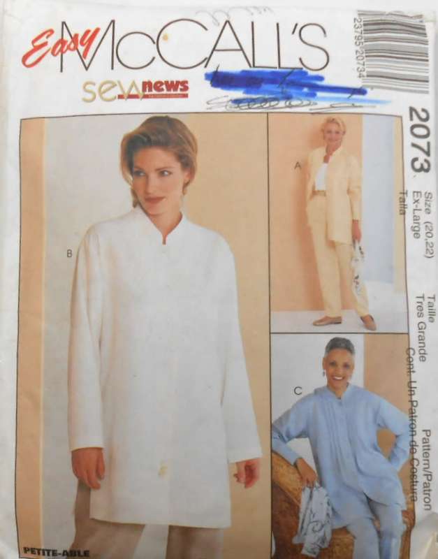 McCALLS 2073 SHIRT WITH MANDARIN COLLAR SIZE XS-LARGE 20-22 -COMPLETE-NO PANTS SUPPLIED