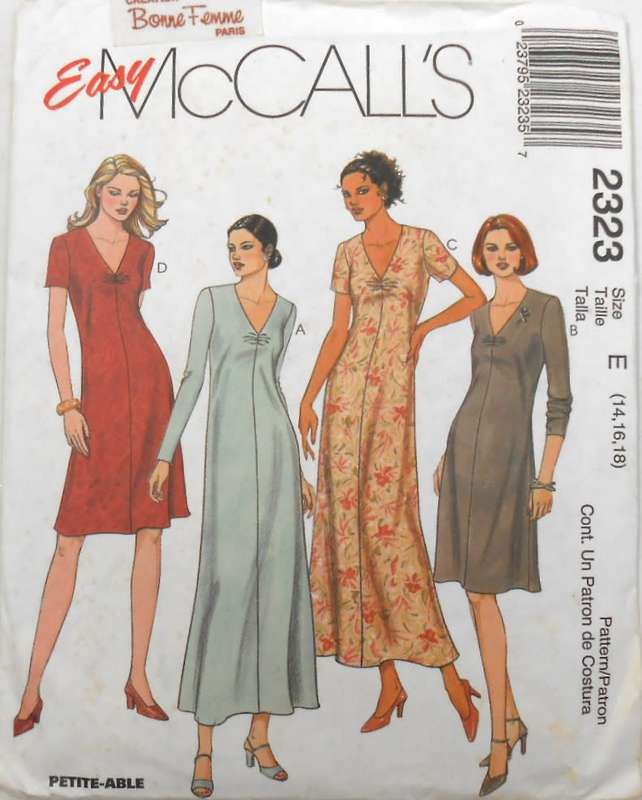 McCALLS 2323 DRESS WITH V NECK LINE SIZE 14-16-18-COMPLETE-UNCUT-F/FOLDED