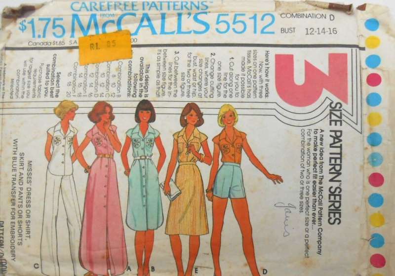 McCALLS 5512 DRESS-SHIRT-SKIRT-PANTS-SHORTS SIZE 12-14-16 COMPLETE-CUT TO 16+APPLIQUE-ZIPLOC