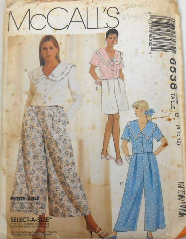 McCALLS 6538 TOPS CULOTTES-SHORTS SIZE 8-10-12 COMPLETE-CUT TO 12-TOP PATTERN LENGTHENED