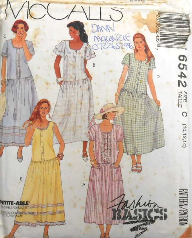 McCALLS 6542 LOOSE FITTING DROPPED WAIST DRESSES SIZE 10-12-14 COMPLETE-CUT TO 14
