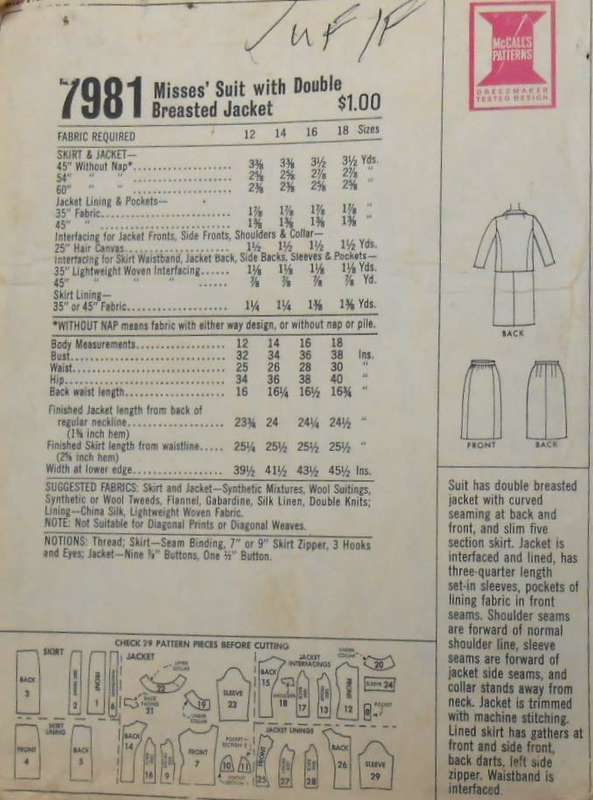 VINTAGE McCALLS 7981 SUIT WITH DOUBLE BREASTED JACKET SIZE 18 BUST 38 COMPLETE-UNCUT-F/FOLDED-ZIPLOC