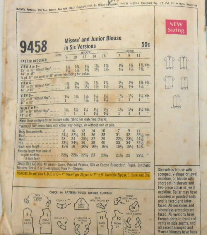McCALLS 9458 BLOUSE IN 6 VERSIONS SIZE 16 BUST 38 COMPLETE