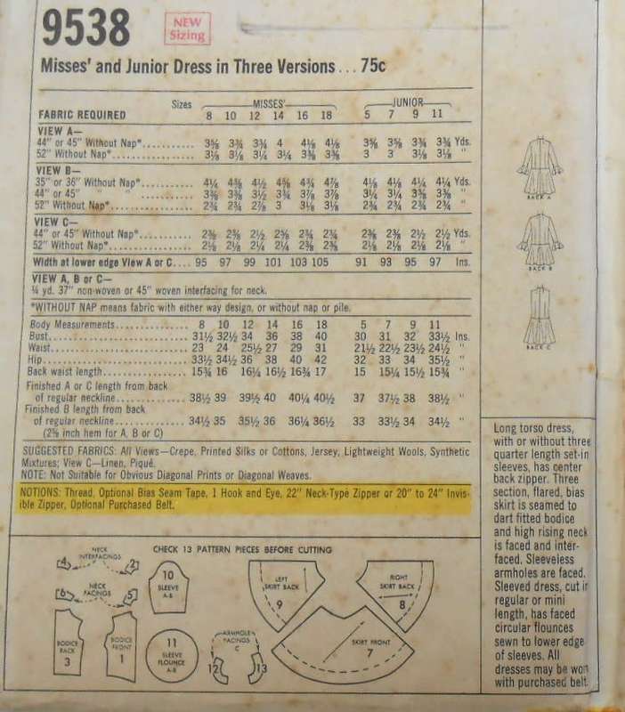 McCALLS 9538 DRESS IN 3 VERSIONS SIZE 12 BUST 34 COMPLETE-UNCUT-F/FOLDED