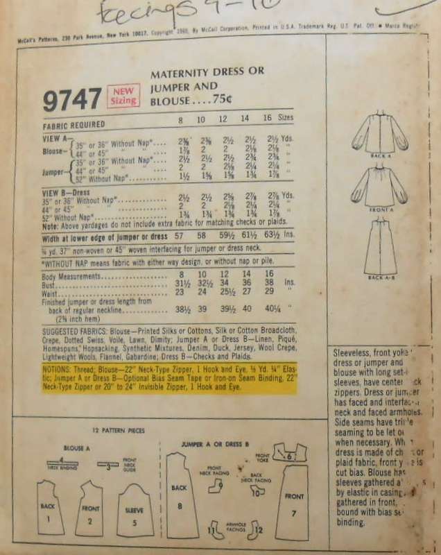 McCALLS 9747 MATERNITY DRESS-PINAFORE & BLOUSE SIZE 12 BUST 34 COMPLETE
