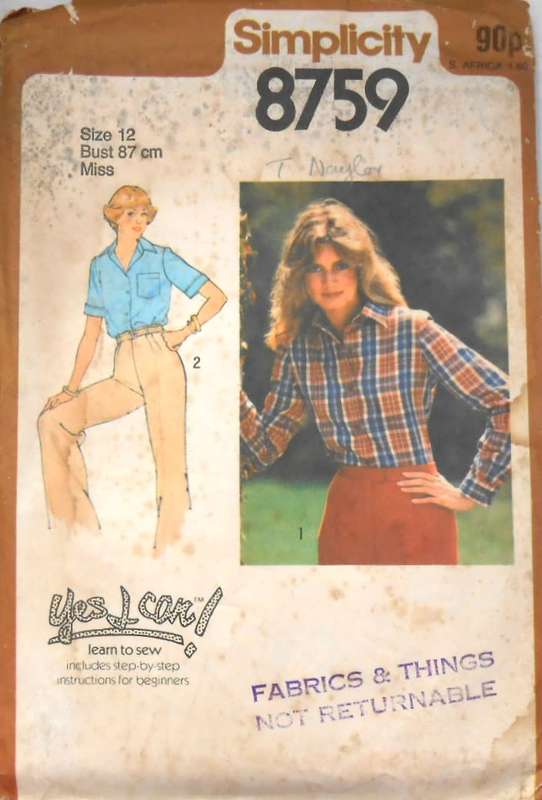 SIMPLICITY 8759 TOP STITCHED SHIRT SIZE 12 BUST 87 CM COMPLETE-ZIPLOC