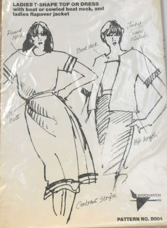 STITCHWITCH B004 LADIES T SHAPE TOP OR DRESS+ BOAT OR COWLED BOAST NECK-FLAPOVER JACKET SIZE 6 -22