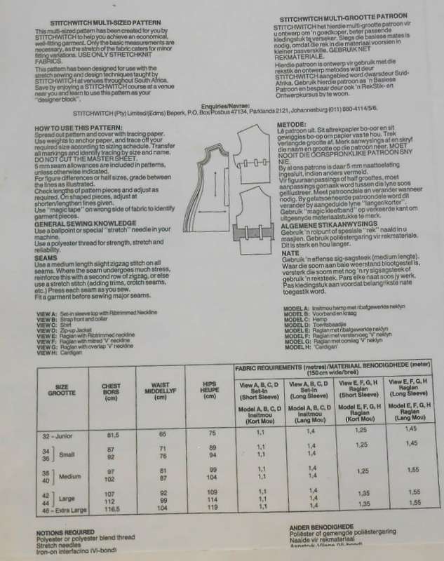 STITCHWITCH B012 MENS SHIRTMAKER & RAGLAN PATTERN SIZE 32-46