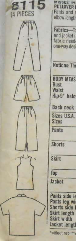 SIMPLICITY 8115 PULLON SKIRT-PANTS-SHORTS+LOOSE FITTING JACKET+KNITTOP-SIZE 10-16-COMPLETE-UNCUT-F/F