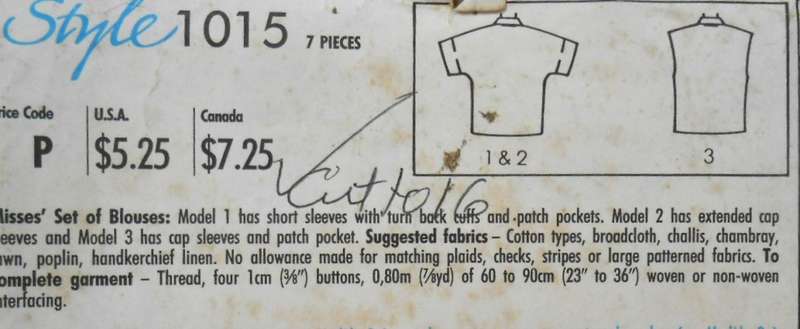 STYLE 1015 SET OF BLOUSES SIZE 12-18 -COMPLETE CUT TO 16