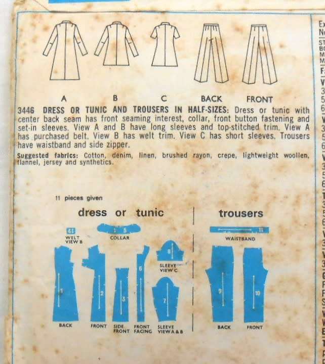 VINTAGE STYLE 3446 LADIES DRESS-TUNIC-PANTS IN HALF SIZE SIZE 14 1/2 BUST 37 COMPLETE