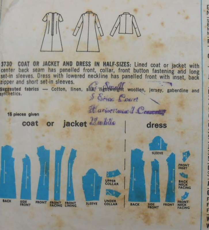 VINTAGE STYLE 3730 COAT-JACKET-DRESS SIZE 14 1/2 BUST 37 COMPLETE