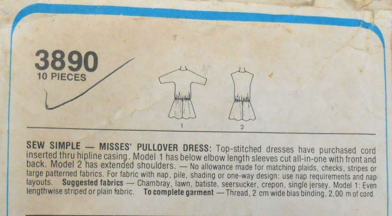 STYLE 3890 SHORT PULLOVER DRESS SIZE 8-10-12 - COMPLETE-CUT TO 12-ZIPLOC