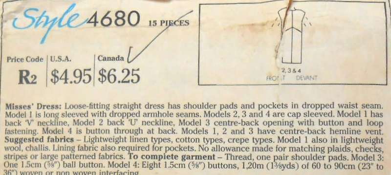 STYLE 4680 LOOSE FITTING STRAIGHT DRESS SIZE 12-14-16 COMPLETE-CUT TO 16
