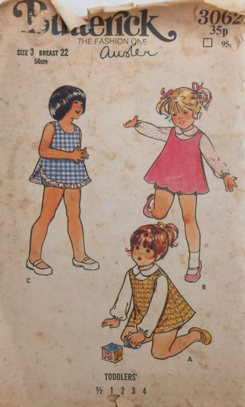 BUTTERICK 3062  TODDLERS PINAFORE-TOP & BLOOMERS -SIZE 3 YEARS BREAST 22CM  PINAFORE B NOT SUPPLIED