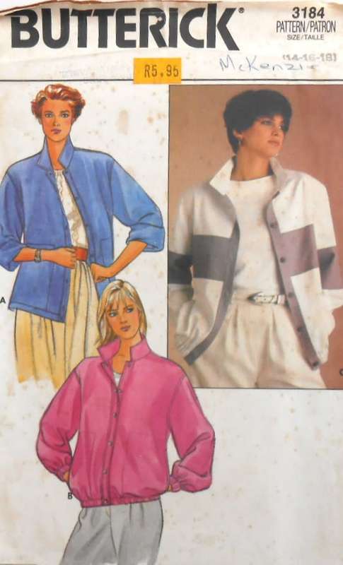 BUTTERICK 3184 TRACKSUIT  STYLE JACKET SIZE 14-16-18 COMPLETE-UNCUT-F/FOLDED-ZIPLOC