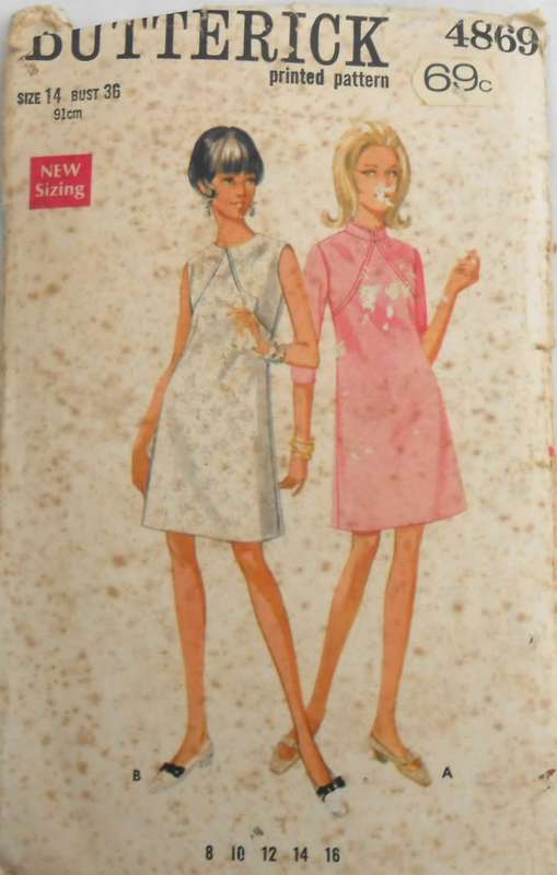 VINTAGE BUTTERICK 4869 ONE PIECE DRESS SIZE 14 BUST 36 COMPLETE-ZIPLOC