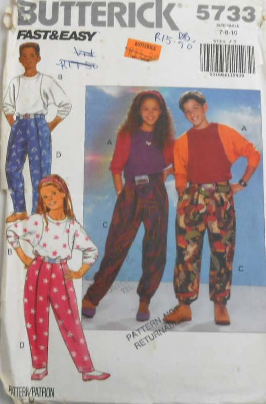 BUTTERICK 5733 KIDS UNISEX TOP & WTAP WAIST PANTS-SIZE 7-8-10 YEARS COMPLETE-UNCUT-F/FOLDED