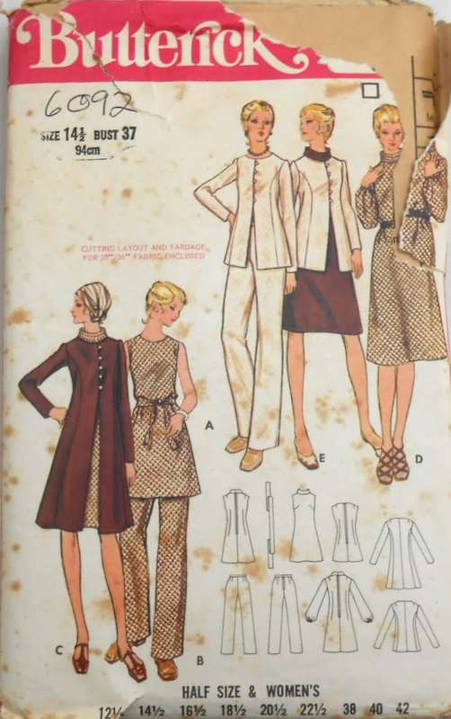 BUTTERICK 6092 DRESS-JACKET-PANTS SIZE 14 1/2 BUST 37 COMPLETE-UNCUT-F/FOLDED