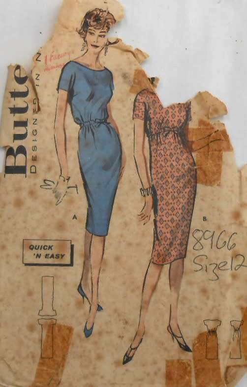 VINTAGE BUTTERICK 8966 QUICK`N EASY DRESS SIZE 12 BUST 32 COMPLETE-TORN COVER-ZIPLOC