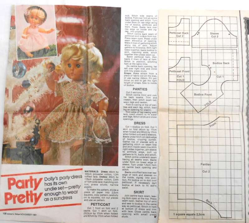DOLLY`S PARTY DRESS TO SEW-WOMANS VALUE NOVEMBER 1981