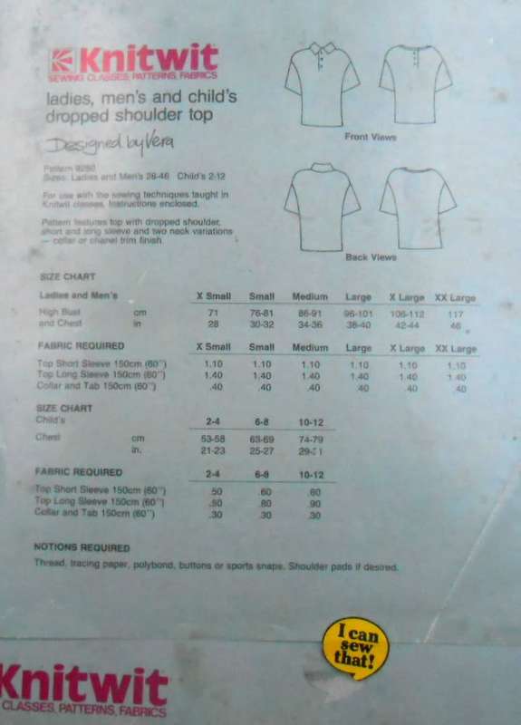 KNITWIT 9250 LADIES-MEN & CHILD DROPPED SHOULDER TOP SIZES 28-48 CHILD 2-12 YEARS
