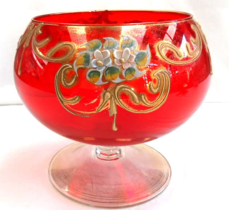 Venetian Orange-Red color Art Glass Footed Compote Vase/Candy Dish with Gilt & Raised Enamel Flowers