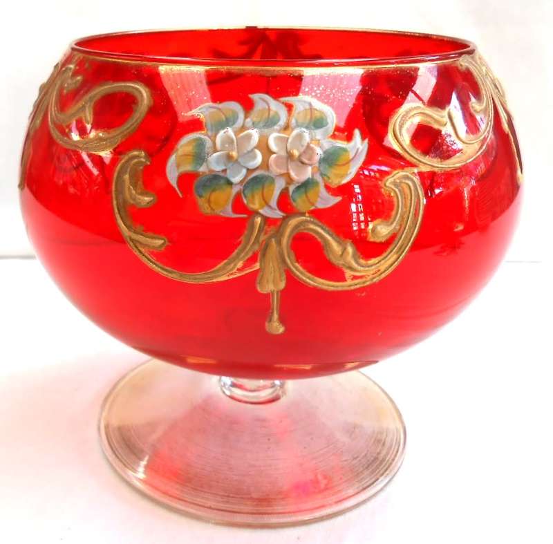 Venetian Orange-Red color Art Glass Footed Compote Vase/Candy Dish with Gilt & Raised Enamel Flowers