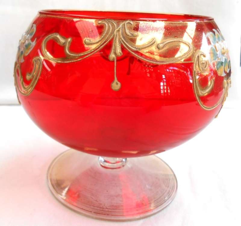 Venetian Orange-Red color Art Glass Footed Compote Vase/Candy Dish with Gilt & Raised Enamel Flowers