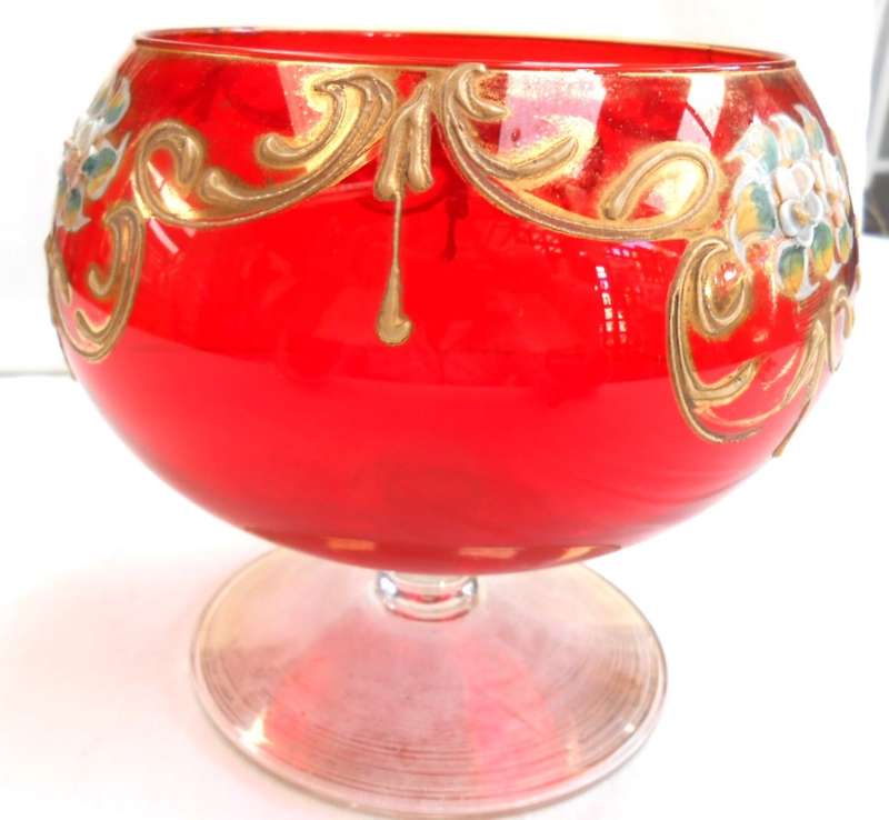 Venetian Orange-Red color Art Glass Footed Compote Vase/Candy Dish with Gilt & Raised Enamel Flowers