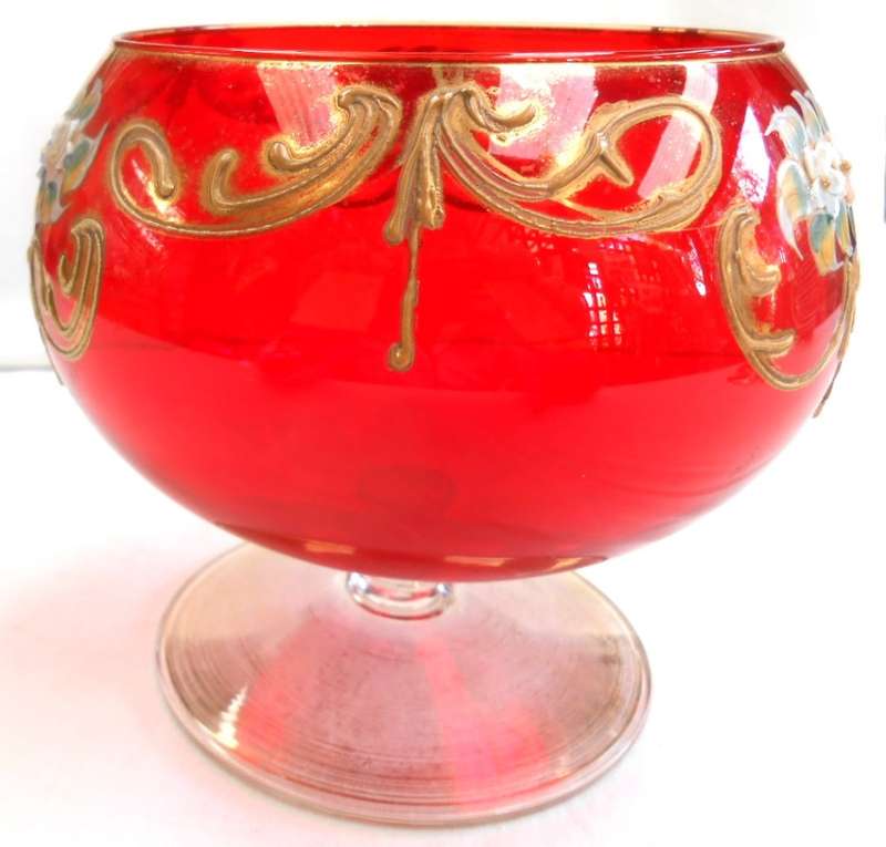 Venetian Orange-Red color Art Glass Footed Compote Vase/Candy Dish with Gilt & Raised Enamel Flowers