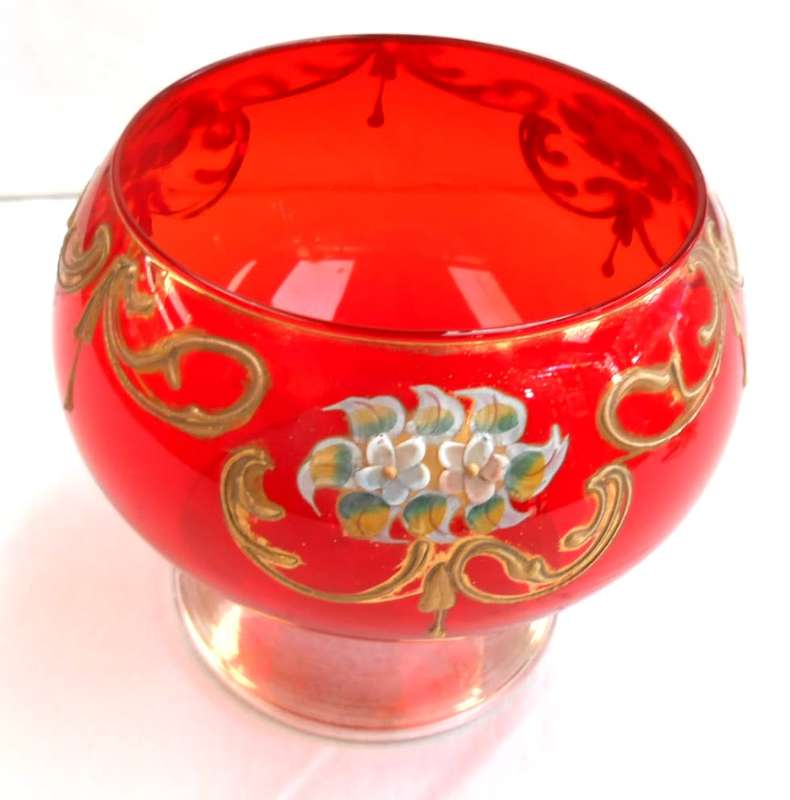 Venetian Orange-Red color Art Glass Footed Compote Vase/Candy Dish with Gilt & Raised Enamel Flowers