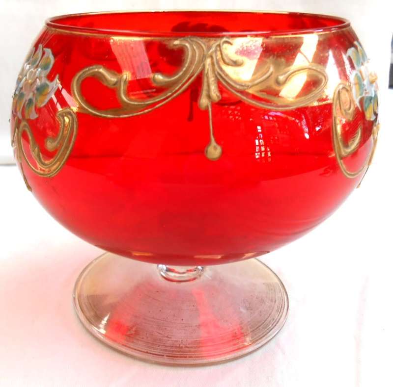 Venetian Orange-Red color Art Glass Footed Compote Vase/Candy Dish with Gilt & Raised Enamel Flowers