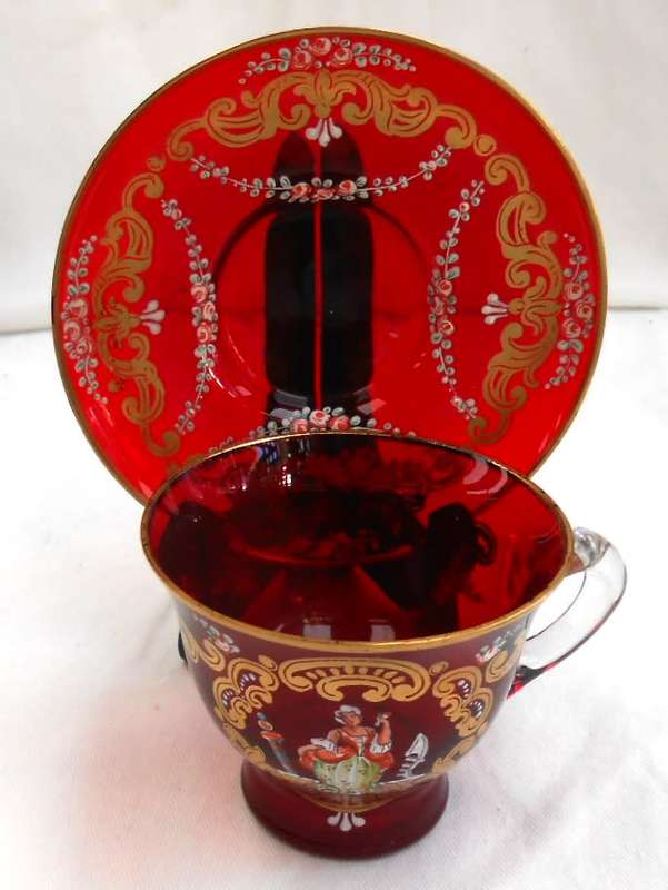 Ruby Red Salviati & Moser Venetian Glass Duo cup & Saucer (with small lip chip)