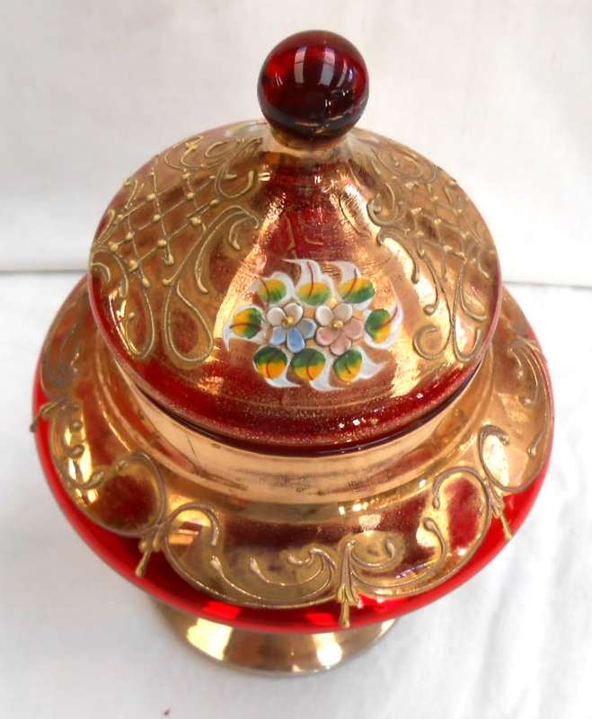 Empoli Italy Red Art Glass Apothecary Jar with Lid-Venetian Floral Gold Trim Candy Dish