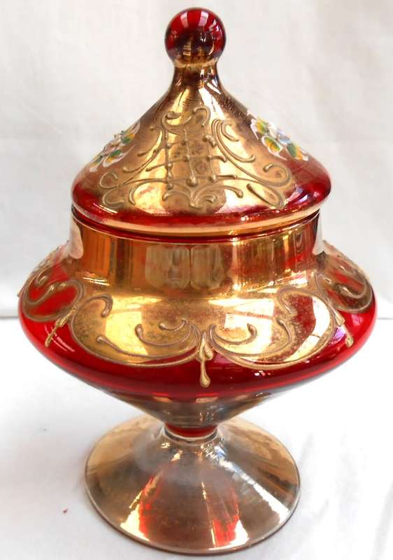 Empoli Italy Red Art Glass Apothecary Jar with Lid-Venetian Floral Gold Trim Candy Dish