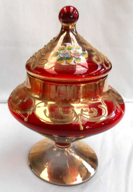 Empoli Italy Red Art Glass Apothecary Jar with Lid-Venetian Floral Gold Trim Candy Dish