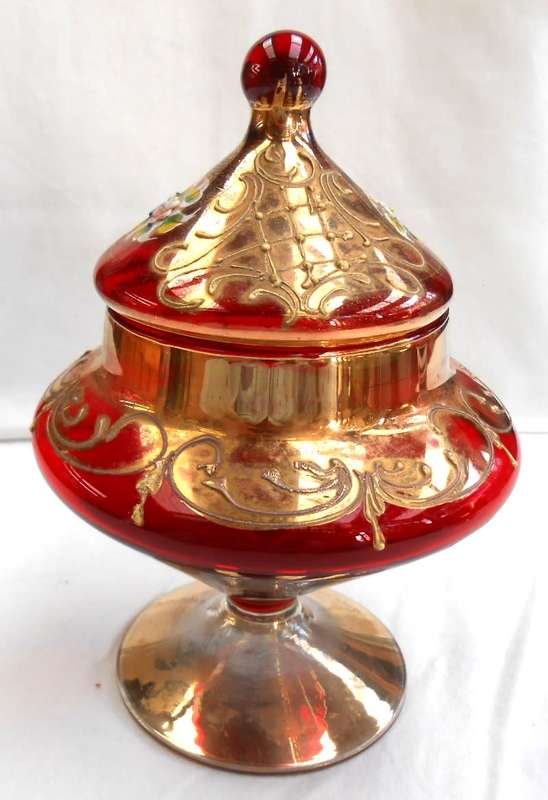 Empoli Italy Red Art Glass Apothecary Jar with Lid-Venetian Floral Gold Trim Candy Dish