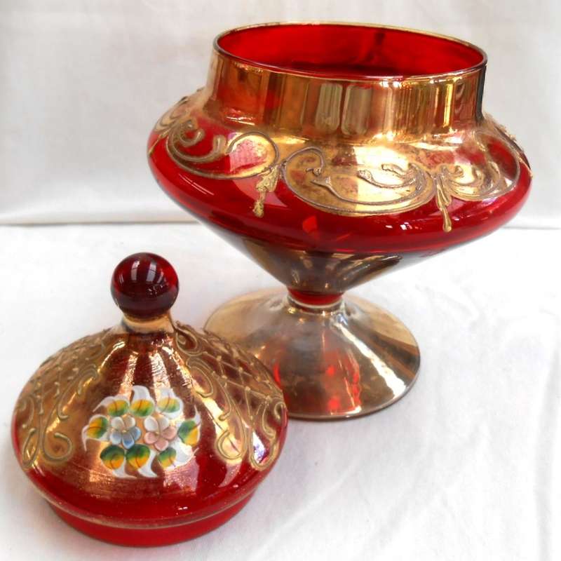 Empoli Italy Red Art Glass Apothecary Jar with Lid-Venetian Floral Gold Trim Candy Dish
