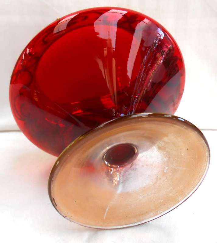 Empoli Italy Red Art Glass Apothecary Jar with Lid-Venetian Floral Gold Trim Candy Dish