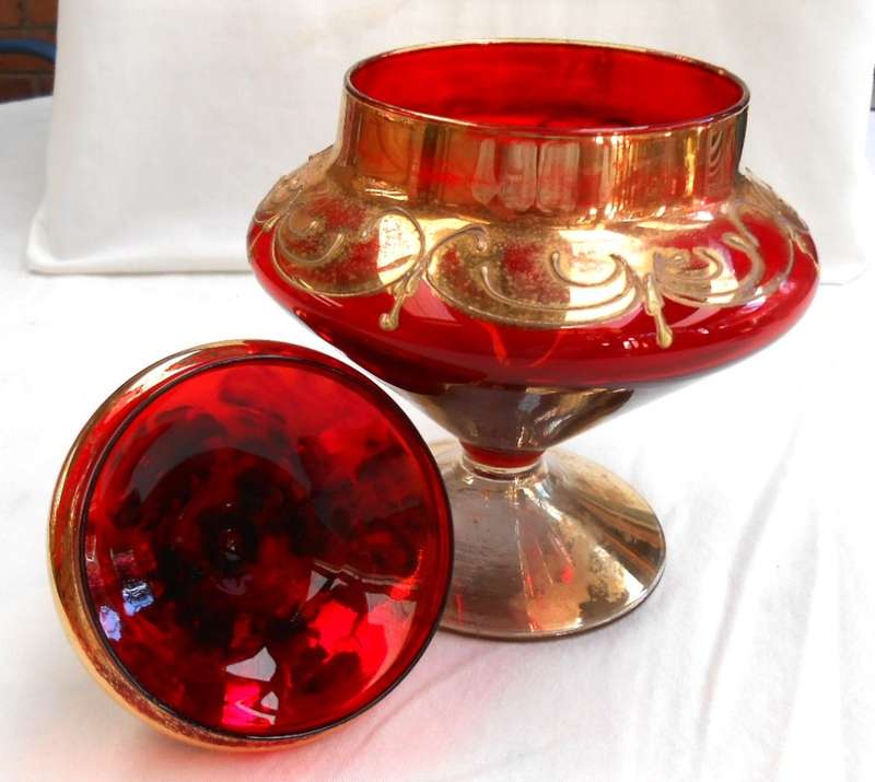 Empoli Italy Red Art Glass Apothecary Jar with Lid-Venetian Floral Gold Trim Candy Dish