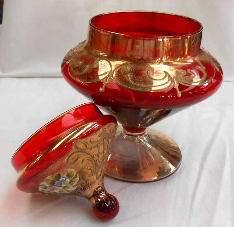 Empoli Italy Red Art Glass Apothecary Jar with Lid-Venetian Floral Gold Trim Candy Dish