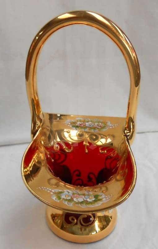 Beautiful Red Art Glass Basket-Venetian Floral Enamel Flowers with heavy Gold Trim-see description