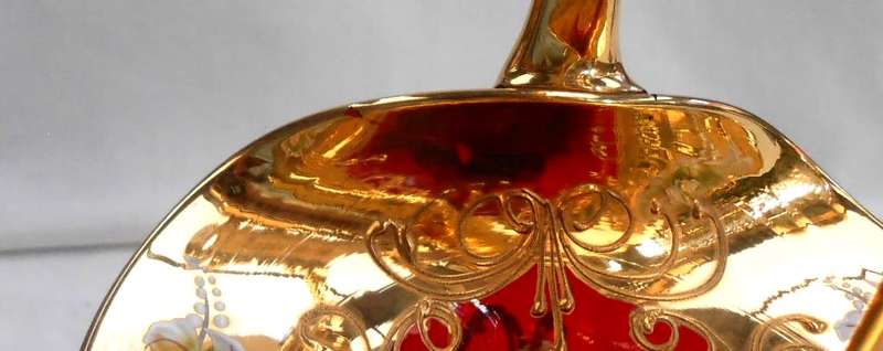 Beautiful Red Art Glass Basket-Venetian Floral Enamel Flowers with heavy Gold Trim-see description
