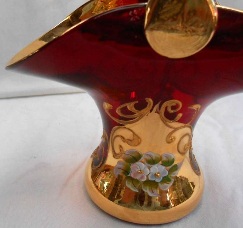 Beautiful Red Art Glass Basket-Venetian Floral Enamel Flowers with heavy Gold Trim-see description