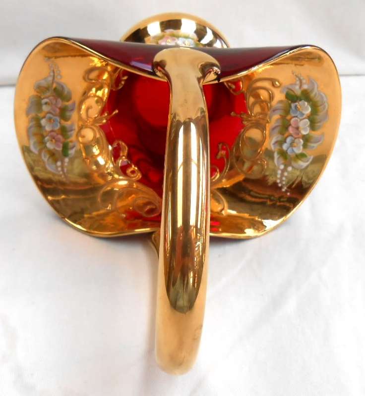 Beautiful Red Art Glass Basket-Venetian Floral Enamel Flowers with heavy Gold Trim-see description