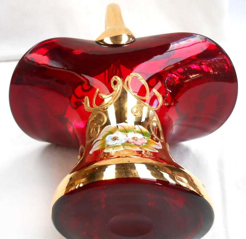 Beautiful Red Art Glass Basket-Venetian Floral Enamel Flowers with heavy Gold Trim-see description
