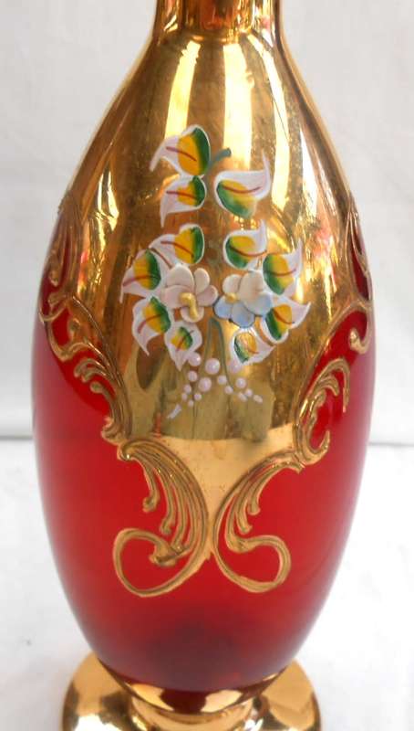 Ruby Red Glass-Venetian Italy-Gilt Gold Hand Painted+enamel flowers Decanter